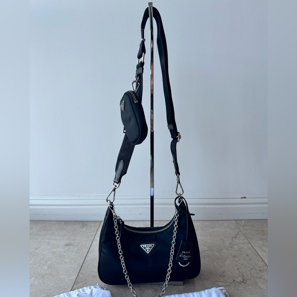 Prada Black Nylon Re-Edition 2005 Shoulder Bag with Chain and Pouch